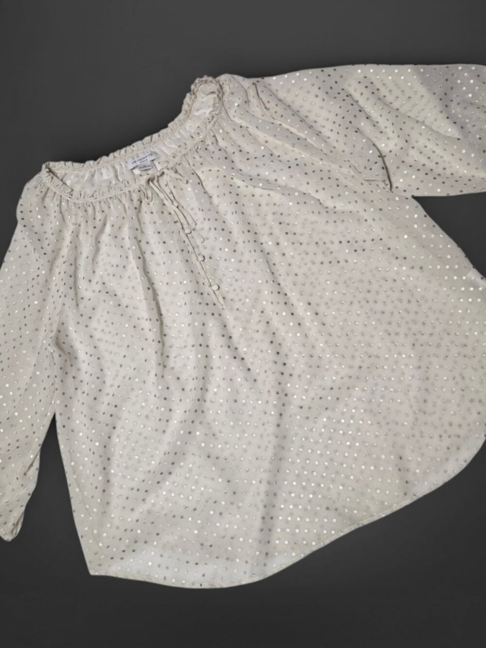 Liz Claiborne Ivory Silver Polka Dot Peasant Blouse (Size 3X)